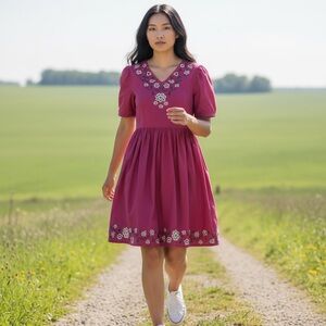 Ivy City Co Red Fit & Flare Dress Sz M Floral Embroidered Cottagecore Boho